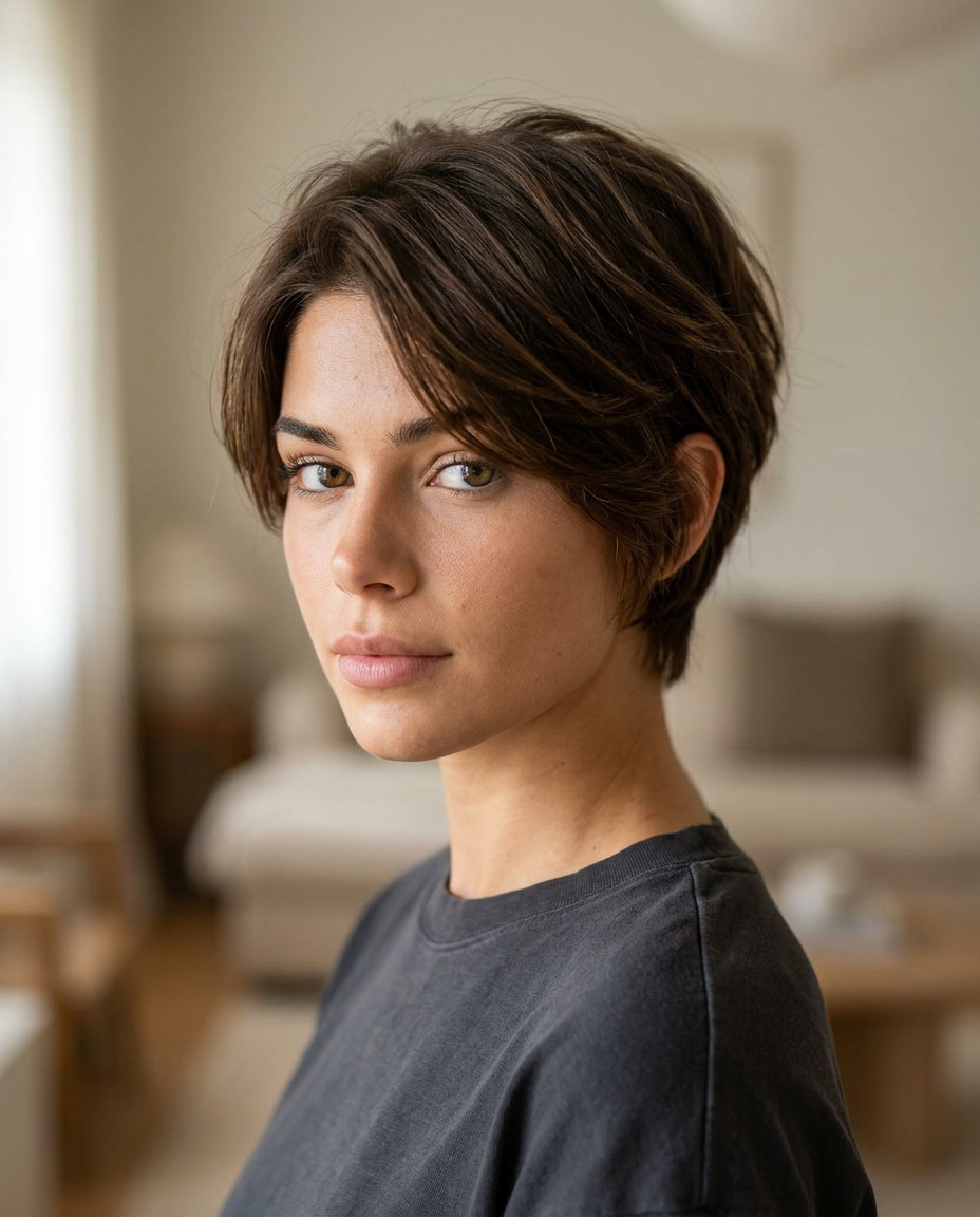 Espresso Pixie Haircut 2026: Chic & Effortless very short pixie haircut in deep espresso brunette with high-gloss finish, internally layered — natural chic