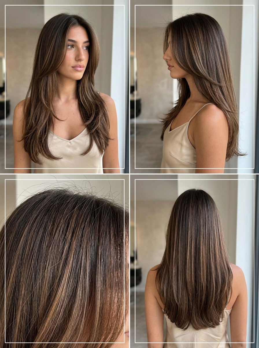 long expensive brunette hair with caramel lowlights and invisible layers for summer