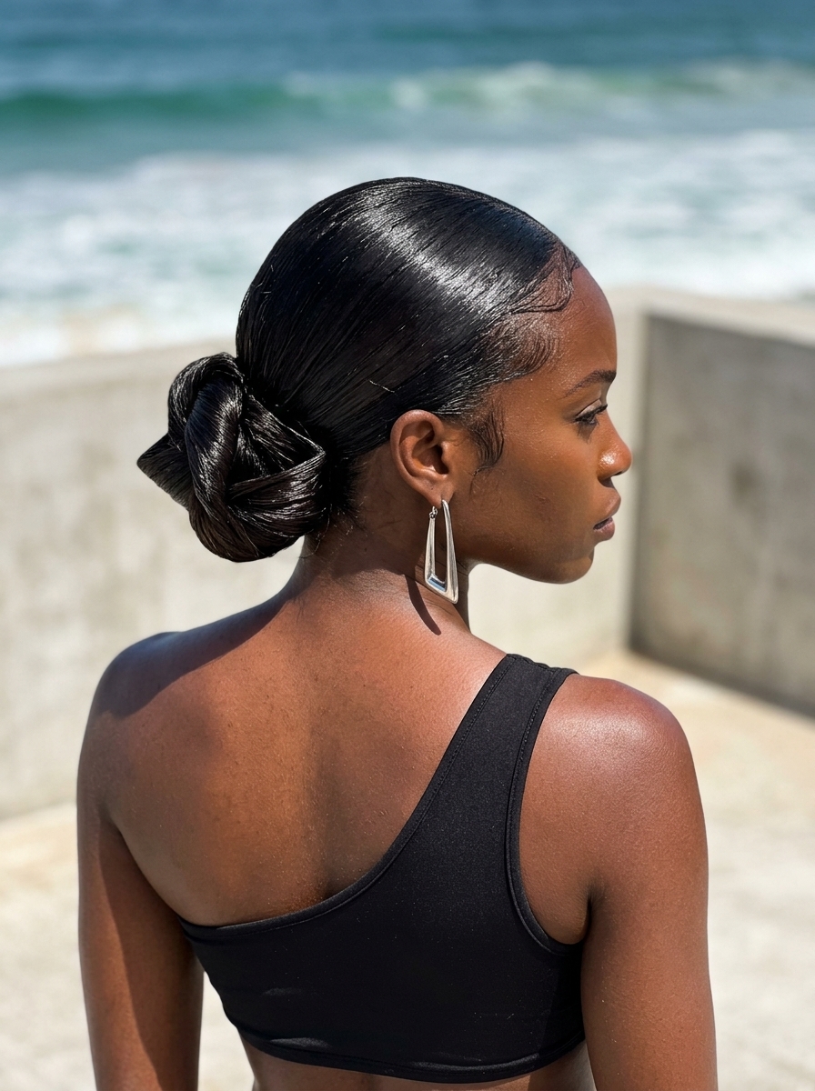 Edgy Fashion Color Slicked Back Bun 2026 low slicked back bun with fashion color, wet look gel and sculpted knot for festival