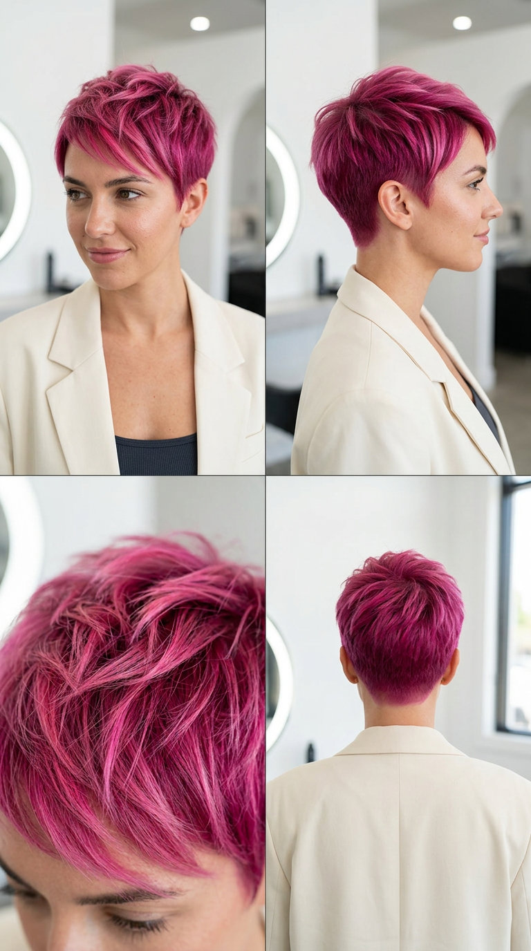 very short pixie haircut in vivid fuchsia pink with bubblegum pink highlights, tapered sides — playful bold