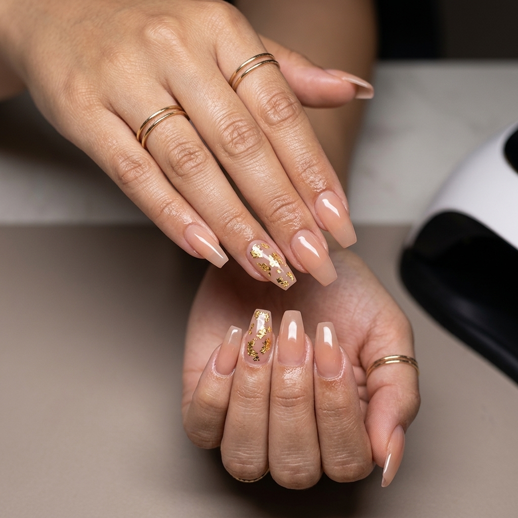 Gilded Summer Foil Almonds 2026: Glamorous Vacation Style Glamorous Gilded Summer Foil Almonds for fun summer nails 2026, vacation evening event outfit.