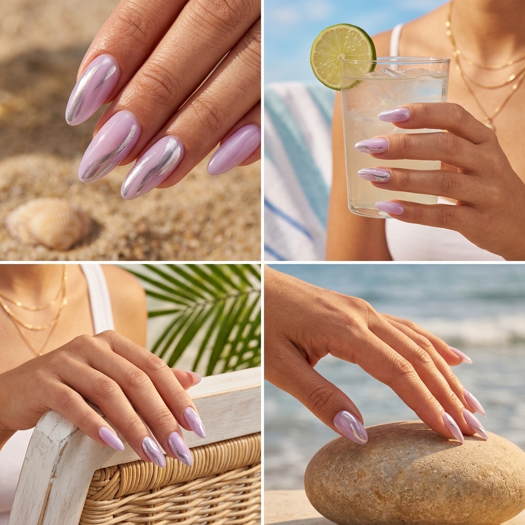 Fun Summer Nails 2026: Lilac Chrome Event Style Fun summer nails 2026: Sophisticated sheer lilac almond nails with abstract silver chrome streaks.