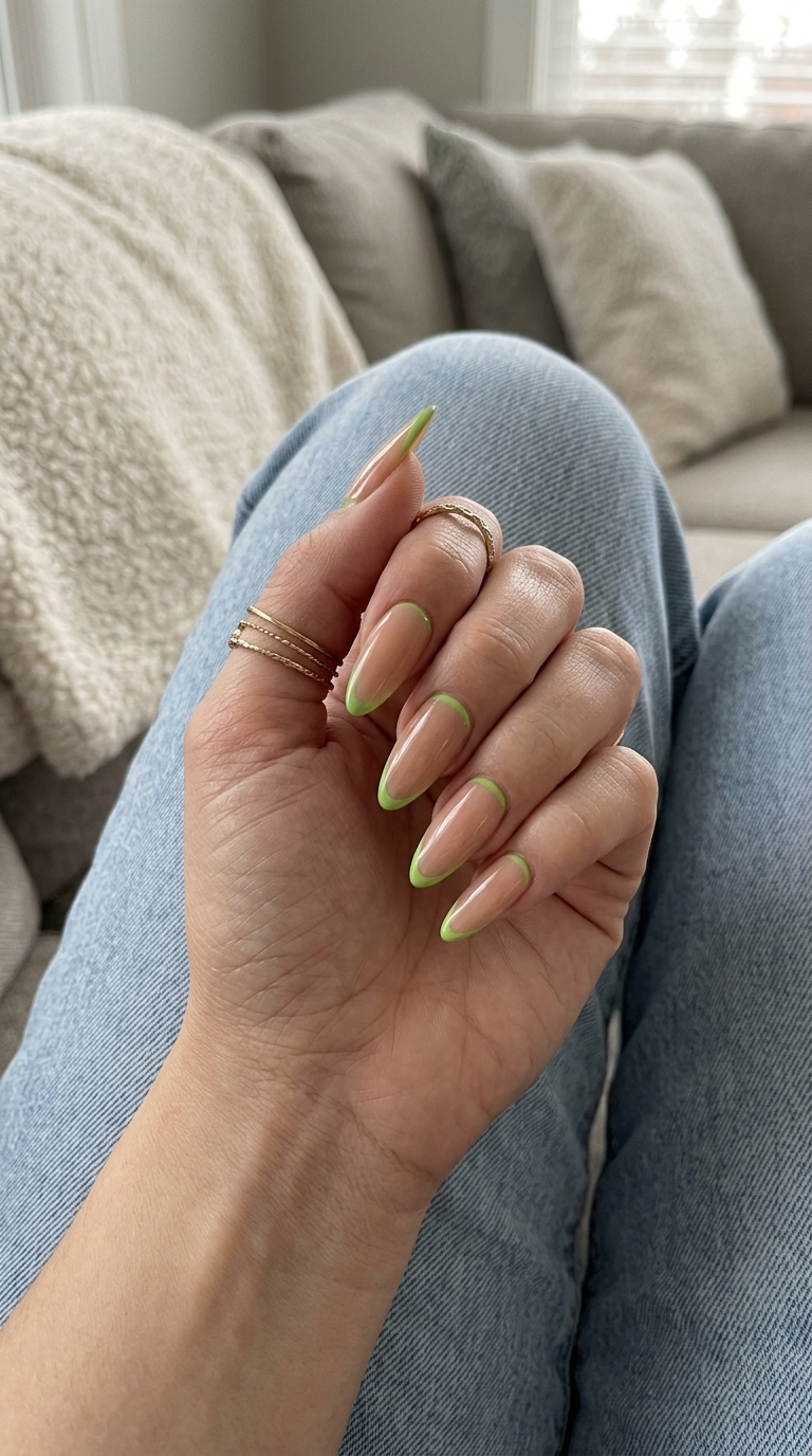 Nude base nails with vibrant lime green cuticle accent for fun summer nails 2026. Edgy and playful for parties.