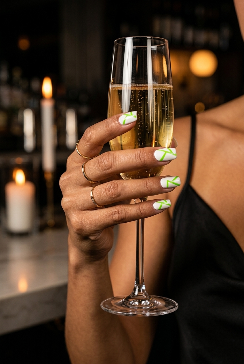 Fun Summer Nails 2026: Lime Geometric Party Style Fun summer nails 2026: Crisp white square nails with bold lime green geometric decals for parties.