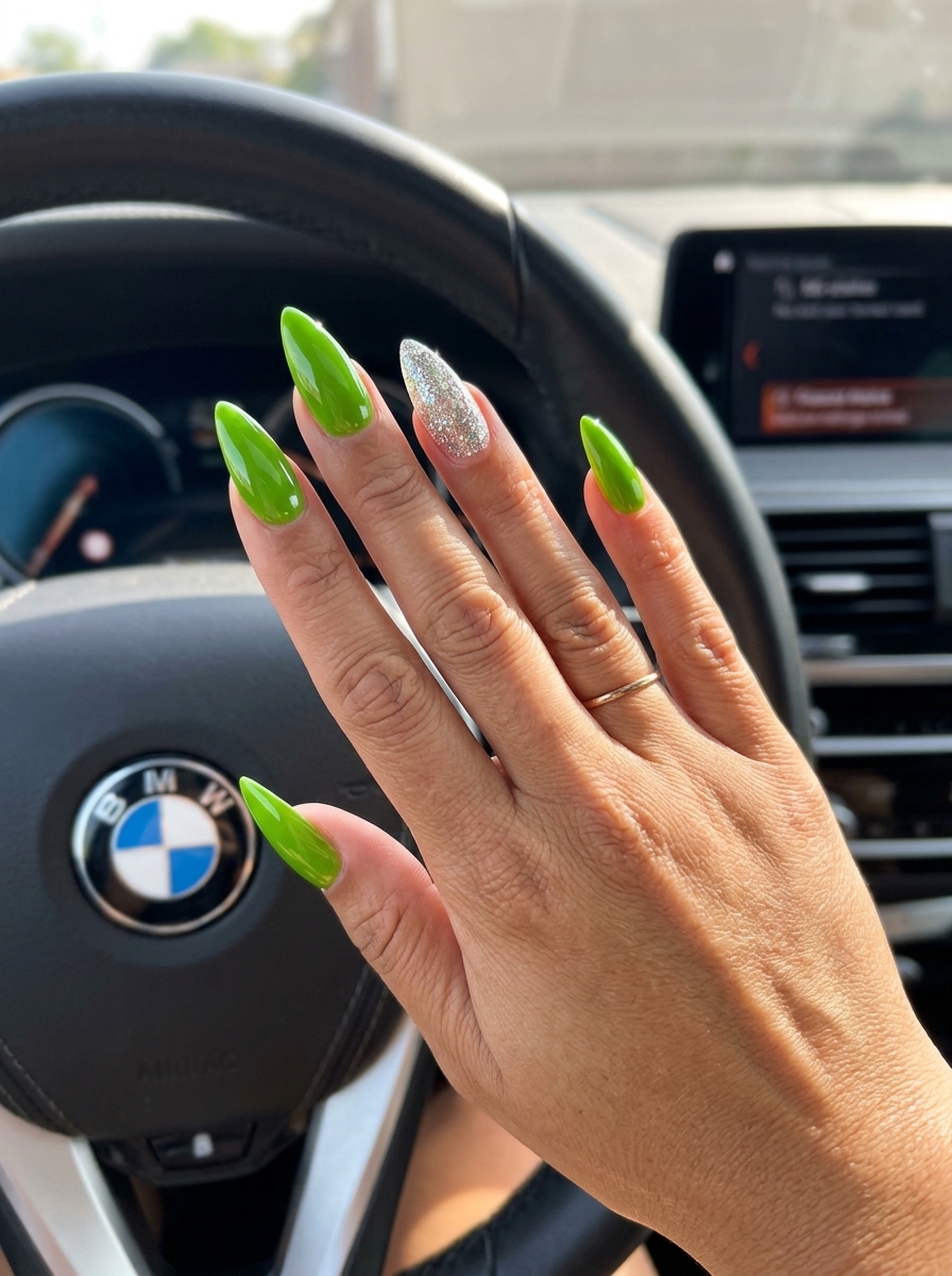 Fun Summer Nails 2026: Lime Glitter Festival Style Fun summer nails 2026: Vibrant lime green coffin nails with a dazzling silver glitter accent nail for festivals.