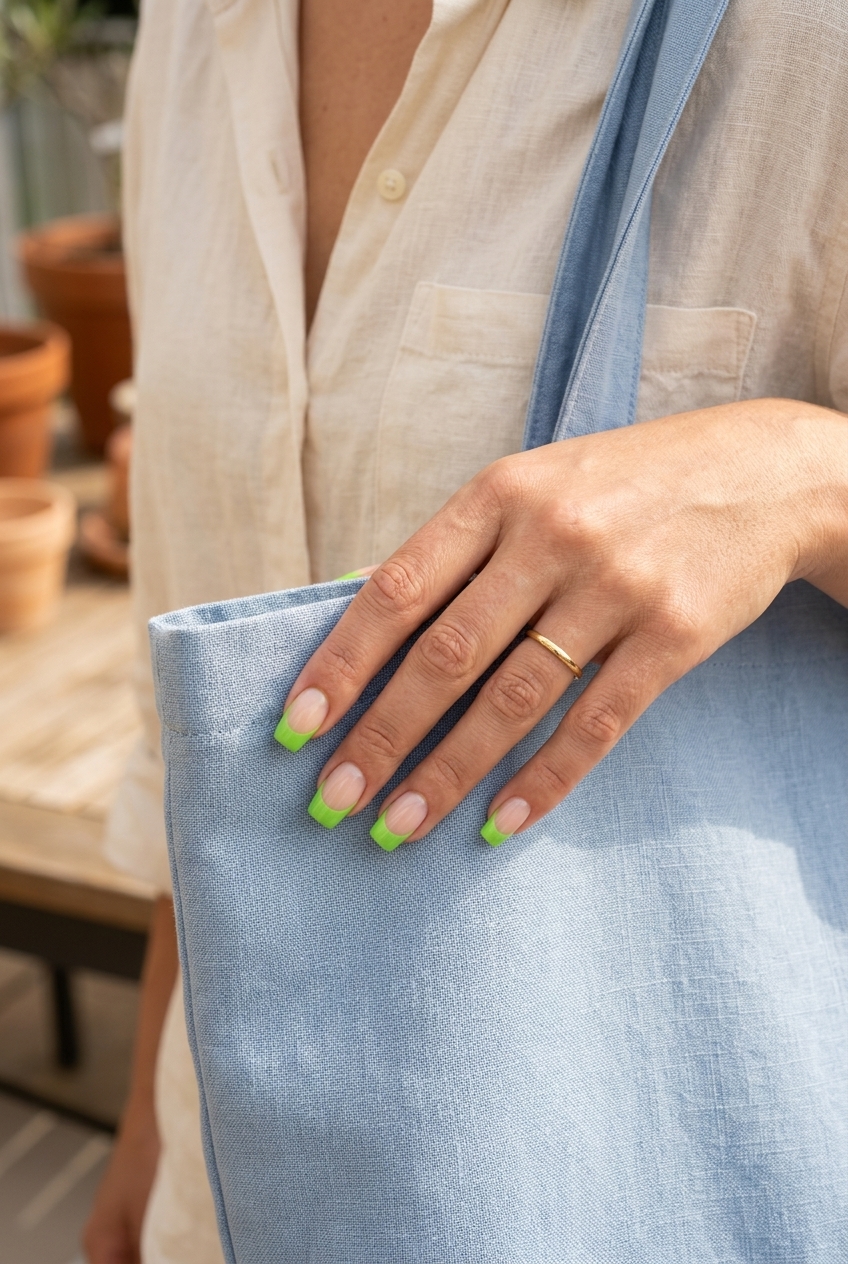 Fun Summer Nails 2026: Lime Reverse French Party Fun summer nails 2026: Bold lime green reverse French tip on coffin nails for parties and festivals.