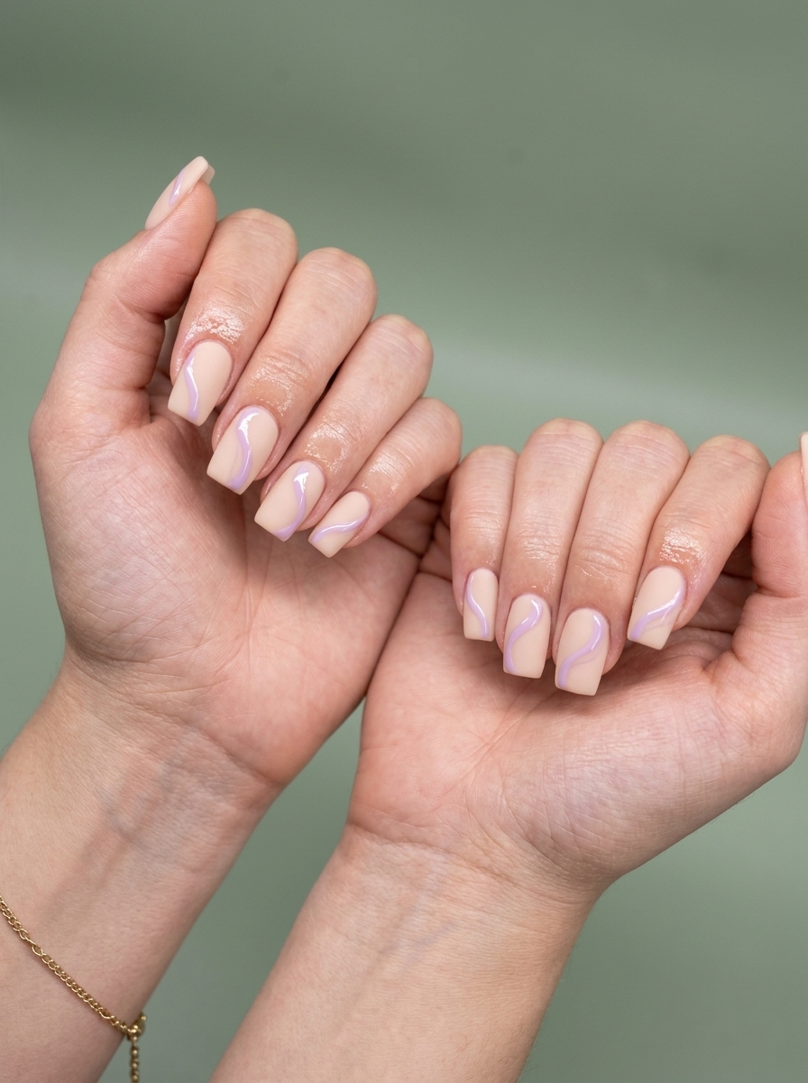 Fun Summer Nails 2026: Matte Lilac Dream Swirls Matte nude nails with glossy lilac swirls for fun summer nails 2026. Artistic and sophisticated for daily wear.