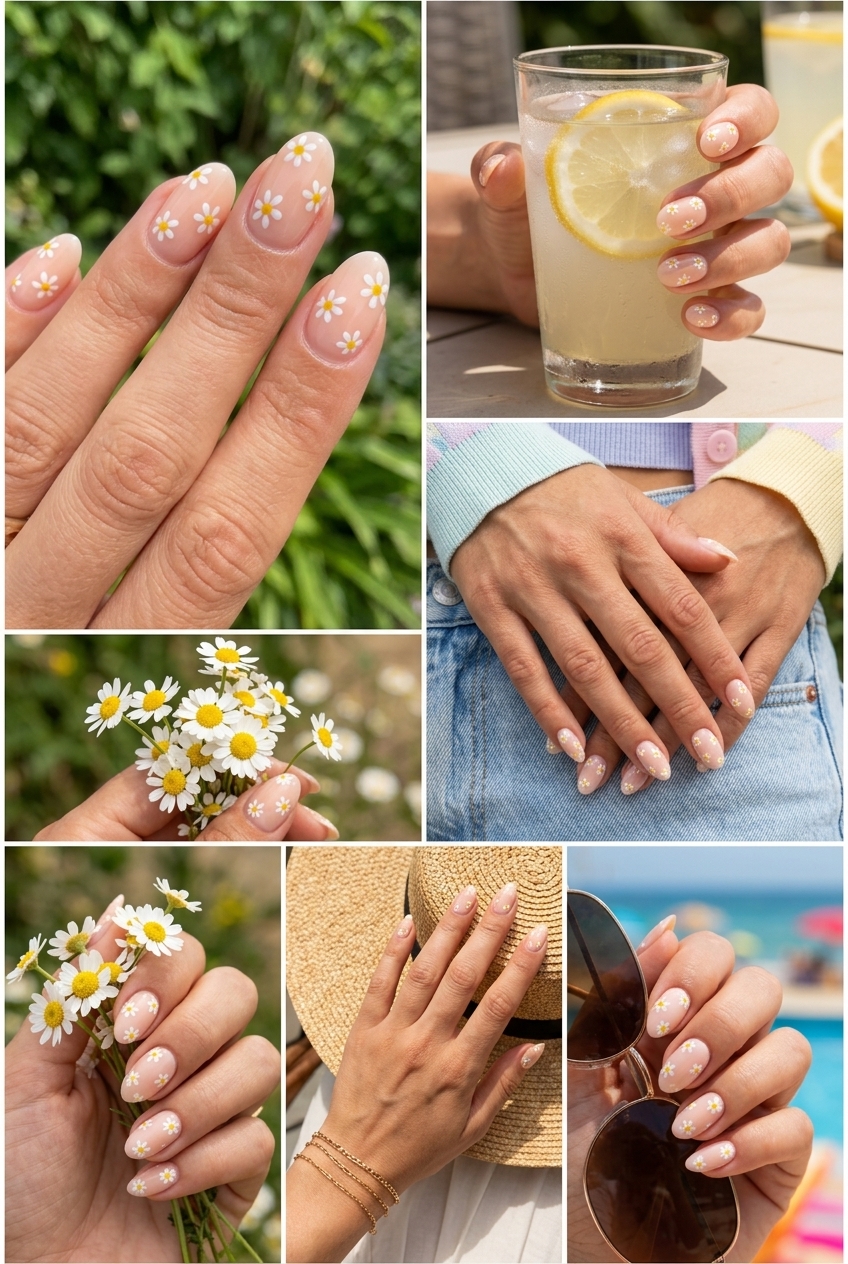 Fun Summer Nails 2026: Peach Daisy Garden Party Fun summer nails 2026: Milky peach oval nails with charming hand-painted white and yellow daisies.