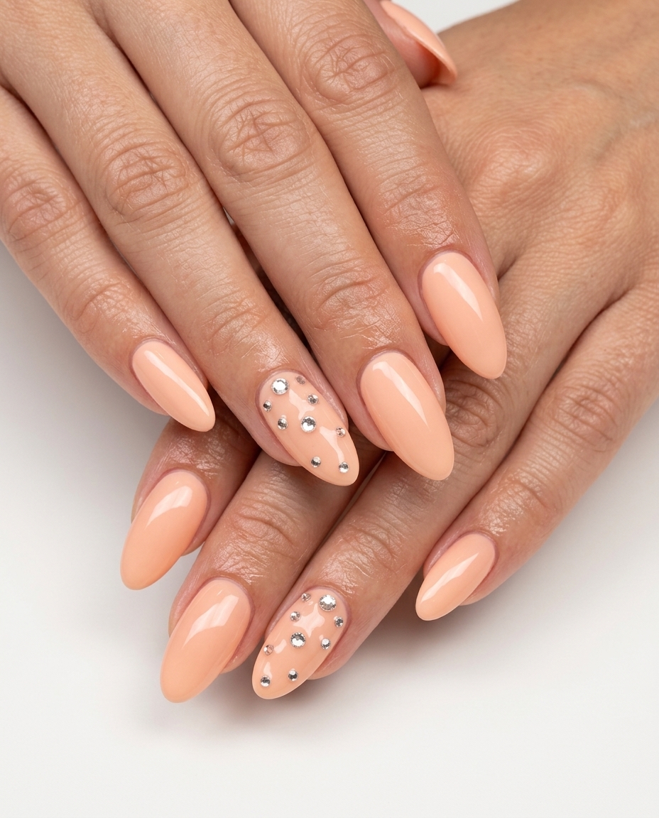 Fun Summer Nails 2026: Peach Fuzz Crystal Dew Peach fuzz nails with scattered clear crystals for fun summer nails 2026. Glamorous for weddings and parties.