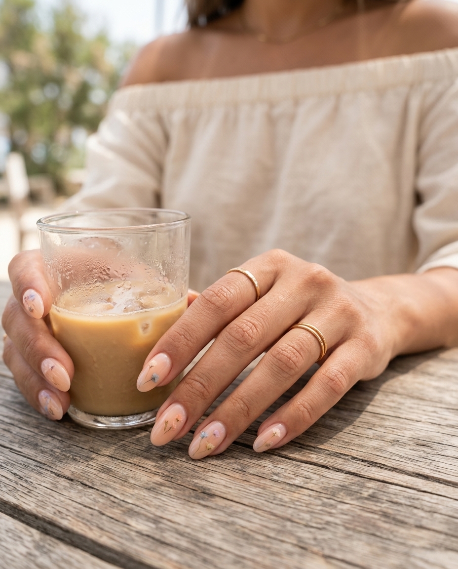 Fun Summer Nails 2026: Peach Milk Bath Romance Fun summer nails 2026: Romantic milky peach milk bath nails with delicate pastel dried flowers.