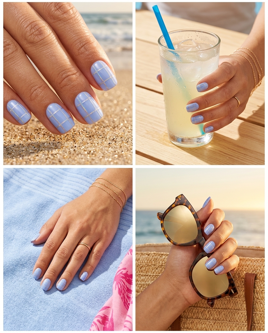 Fun Summer Nails 2026: Periwinkle Holographic Grid Fun summer nails 2026: Elegant periwinkle blue almond nails with delicate holographic geometric grid.