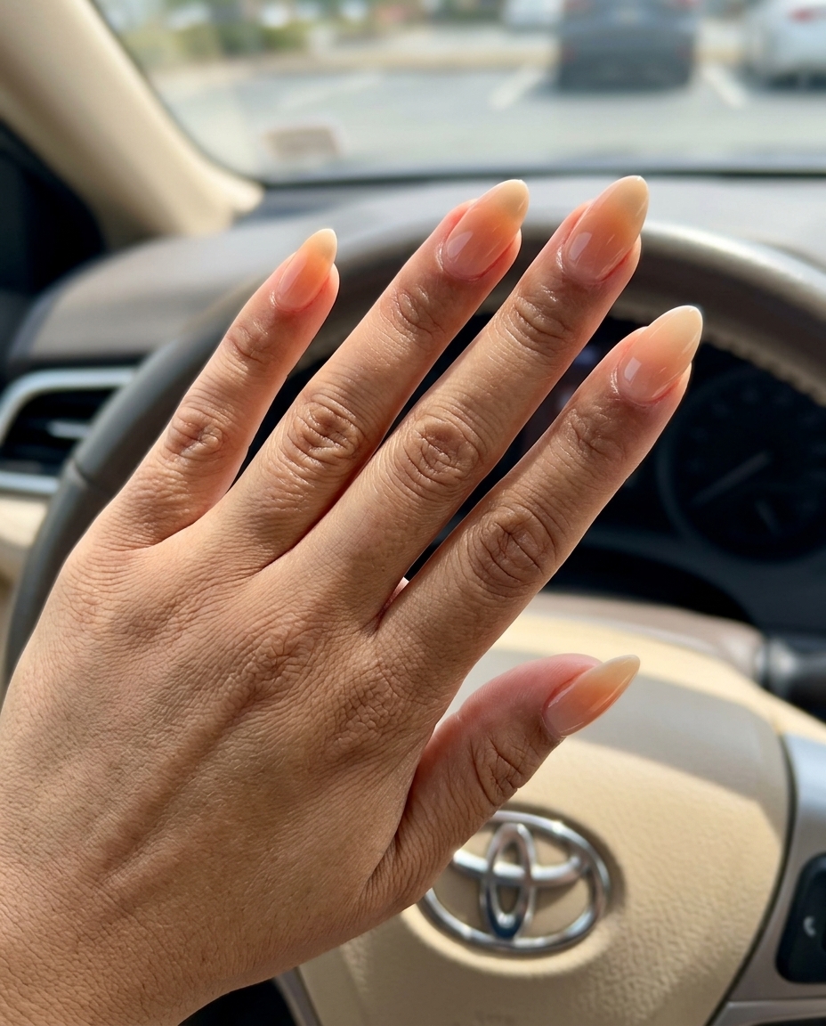 Sunset Peach Ombre Nails 2026: Romantic Summer Evening Style Sunset Peach Ombre nails for fun summer nails 2026, romantic vacation date night outfit idea.