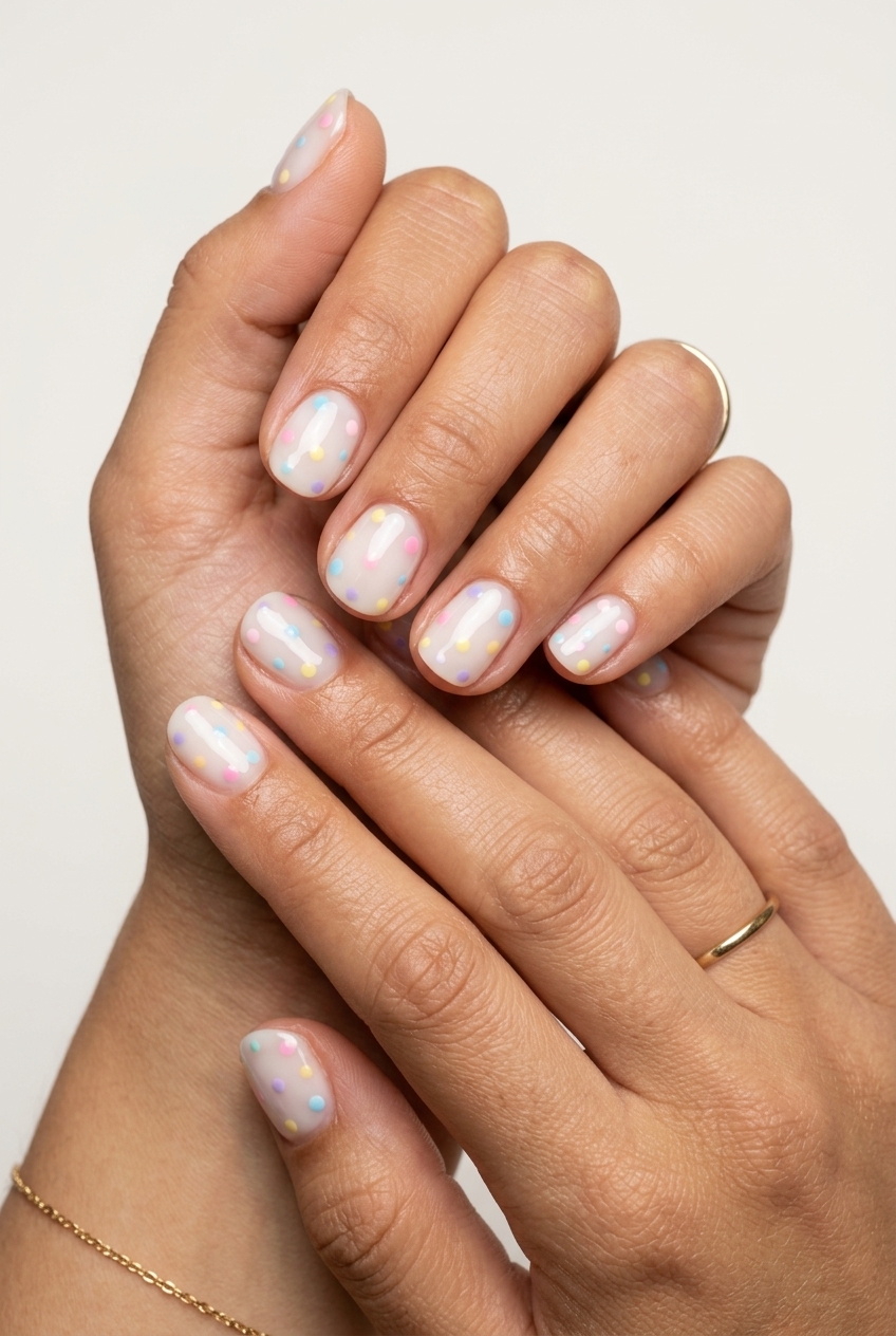 Fun Summer Nails 2026: Whimsical Pastel Dot Mix Milky white nails with pastel dots for fun summer nails 2026. Whimsical and sweet for casual weekends.