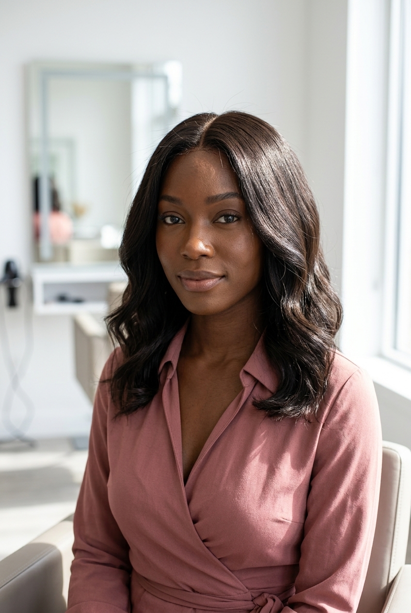 mid-length glossy espresso brown hair, cool undertones, sleek waves, no fringe — professional sophisticated