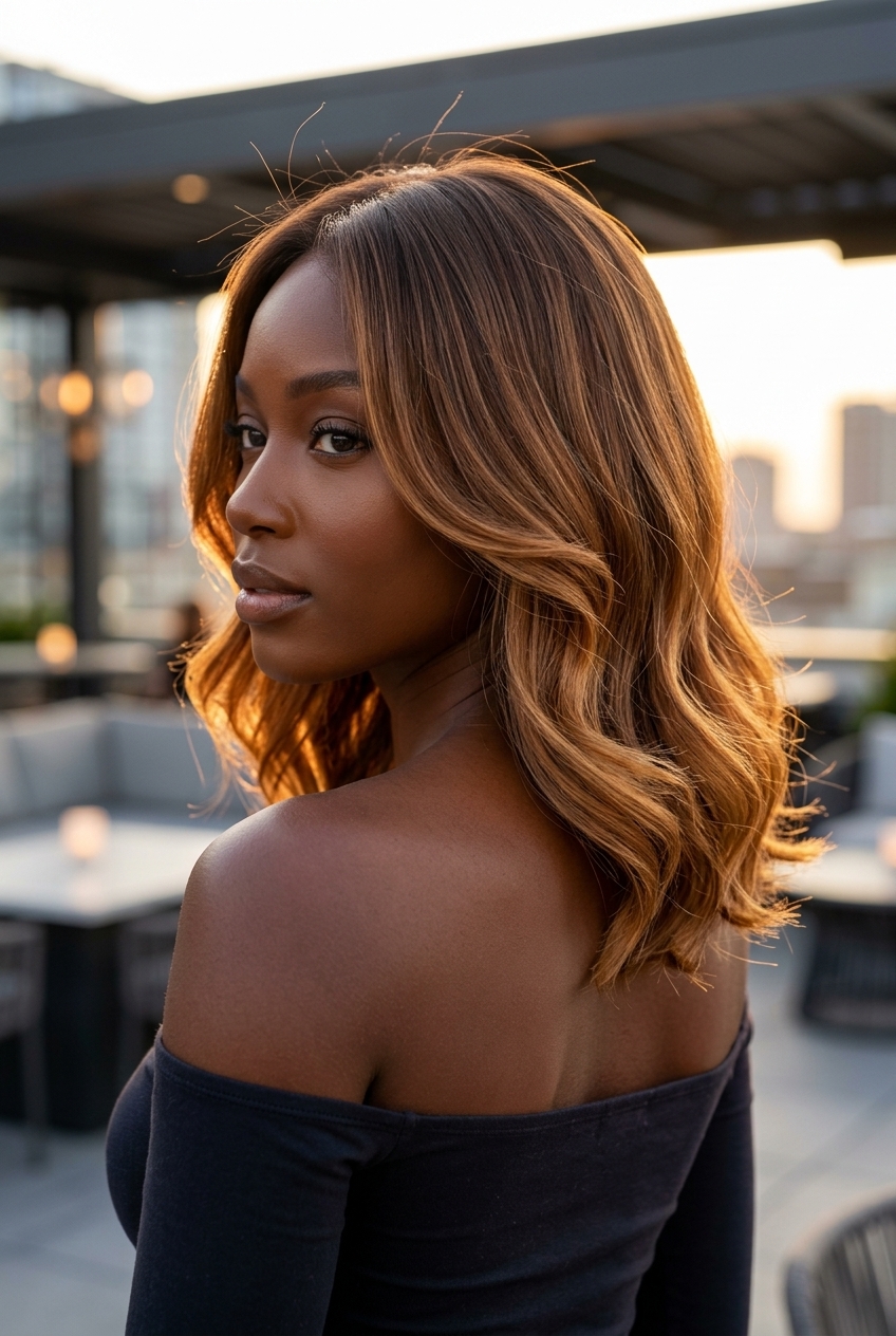 long warm syrup brown hair color with golden-amber ombré, seamless gradient, no fringe — romantic evening gala