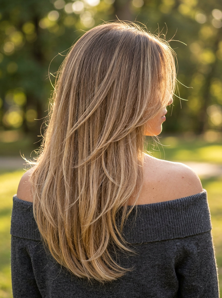 long layered sun-kissed golden blonde hair with babylights and face-framing layers for summer