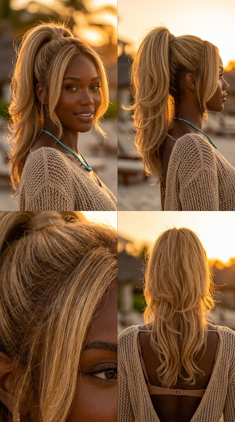 Golden Blonde Tousled Long Pony 2026 long golden blonde ponytail with vanilla babylights and soft root smudge, U-shaped back — bohemian