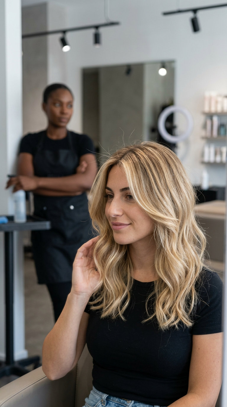 medium layered haircut golden blonde balayage with beige root shadow, face-framing layers, no bangs — playful beach vacation