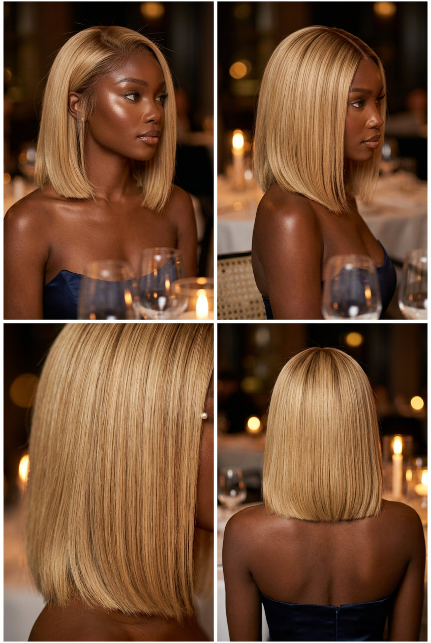 Golden Blonde Bob 2026: Chic Wedding Guest Hairstyle short blunt bob in golden blonde with vanilla root shadow for wedding guest