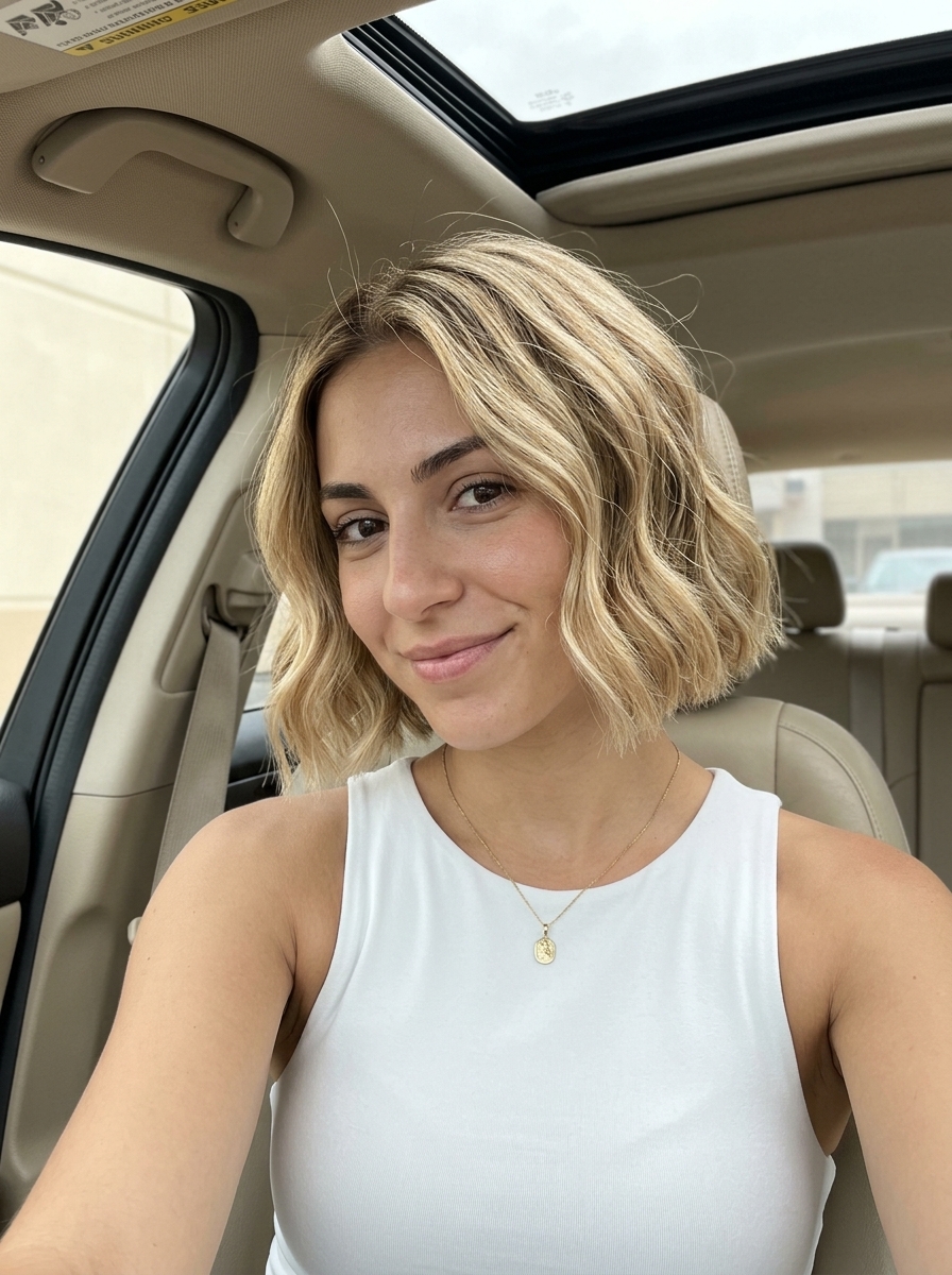 Golden Blonde Italian Bob Waves 2026 short italian bob haircut with golden blonde & sandy babylights, subtle point-cutting, face-framing — beachy waves