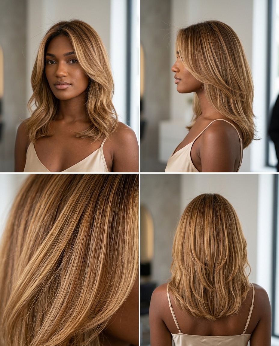 long layered hair with warm golden-brown balayage, sun-kissed ribbons, face-framing highlights — playful summer vacation