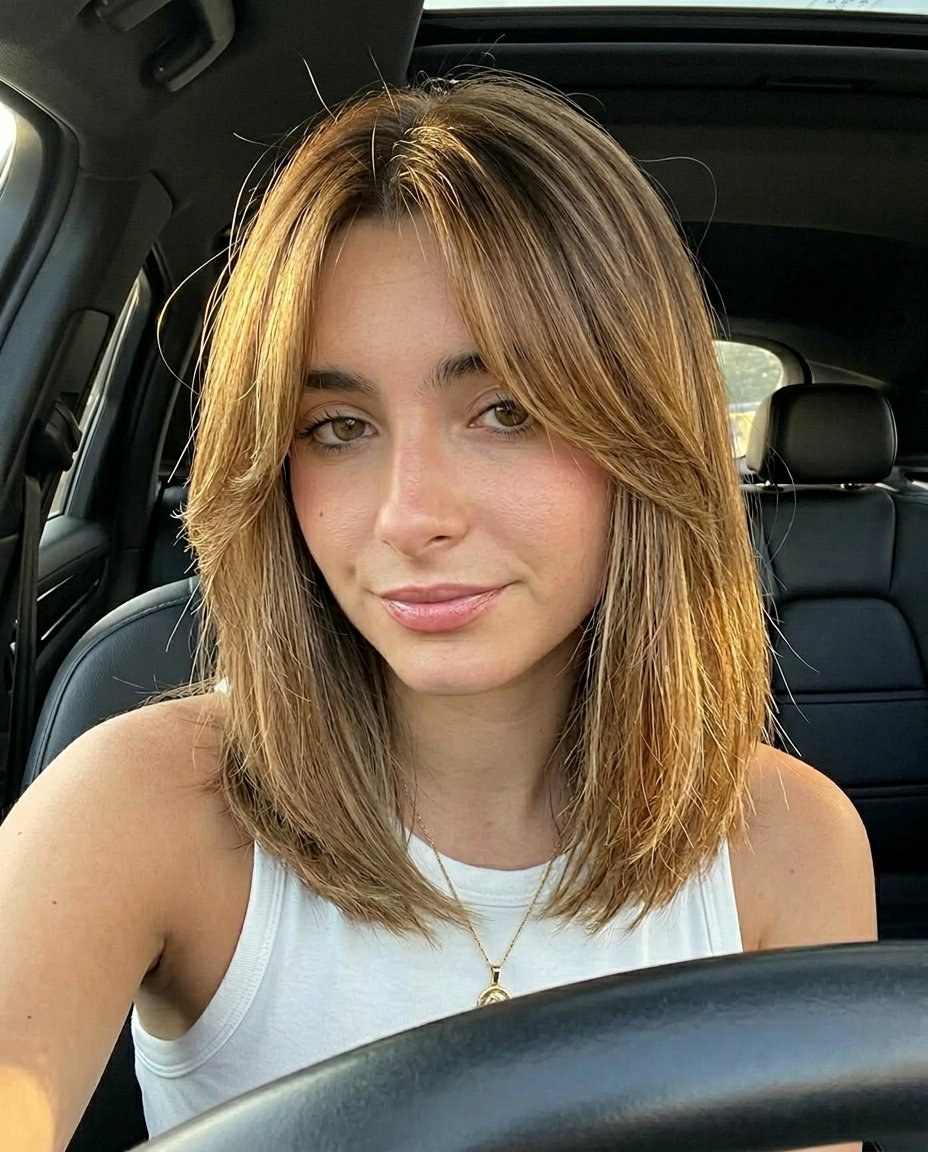Golden Glow Lob 2026 medium-length lob haircut with golden brown and amber lowlights, soft fringe — soft natural