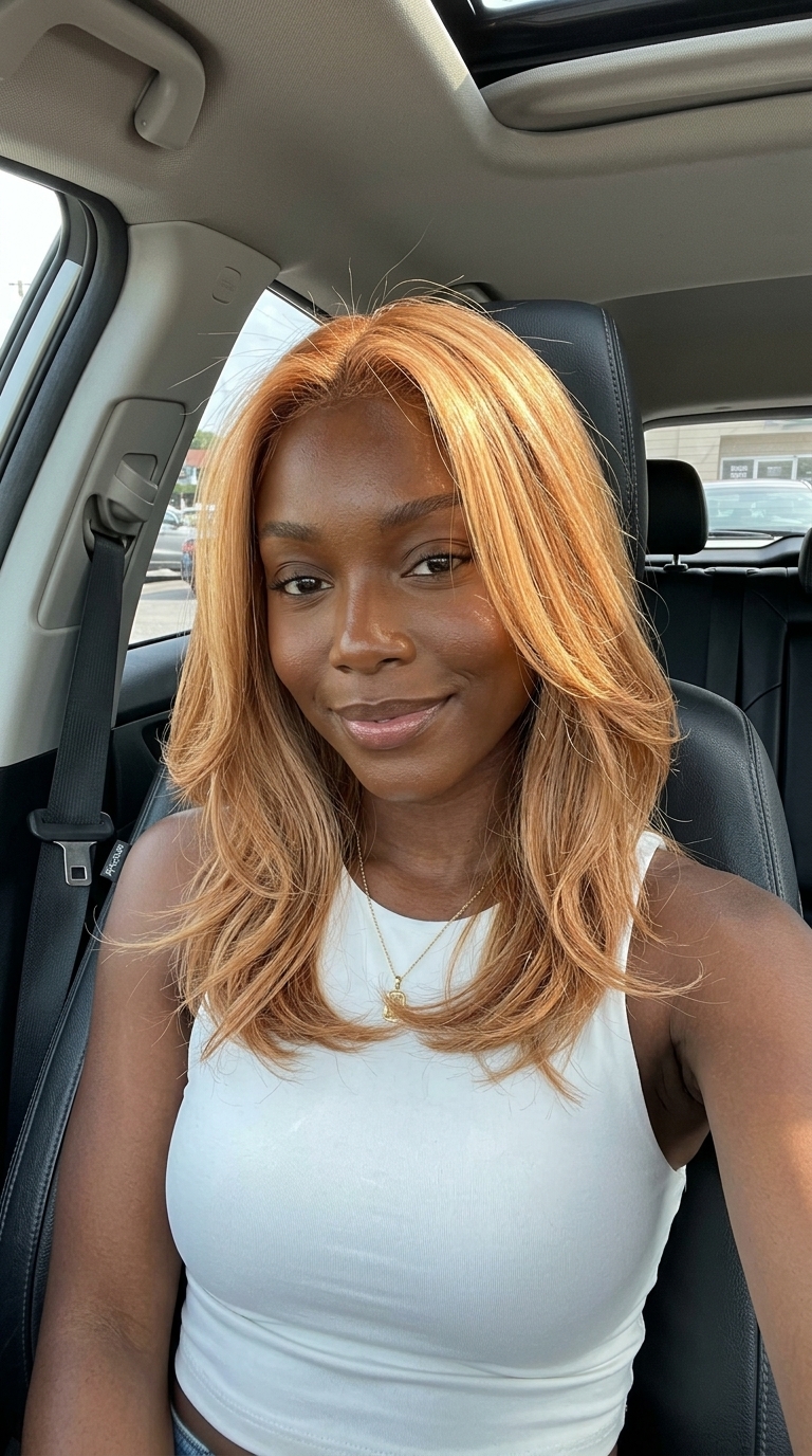 Honey Balayage Strawberry Blonde 2026 long layered strawberry blonde with golden honey balayage, face-framing fringe, sun-kissed effect — effortless daily style