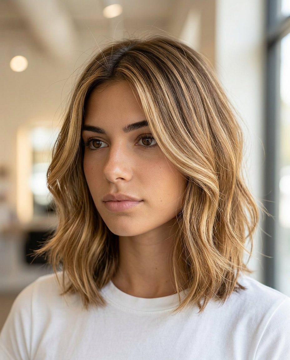 Golden Honey Bob Dimension 2026 shoulder-length bob haircut with golden honey highlights and amber-gold gloss, subtle layers — playful radiant