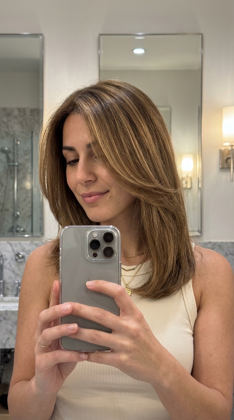medium brown teasylights with golden blonde ribbons, honey blonde, no fringe — playful summer look