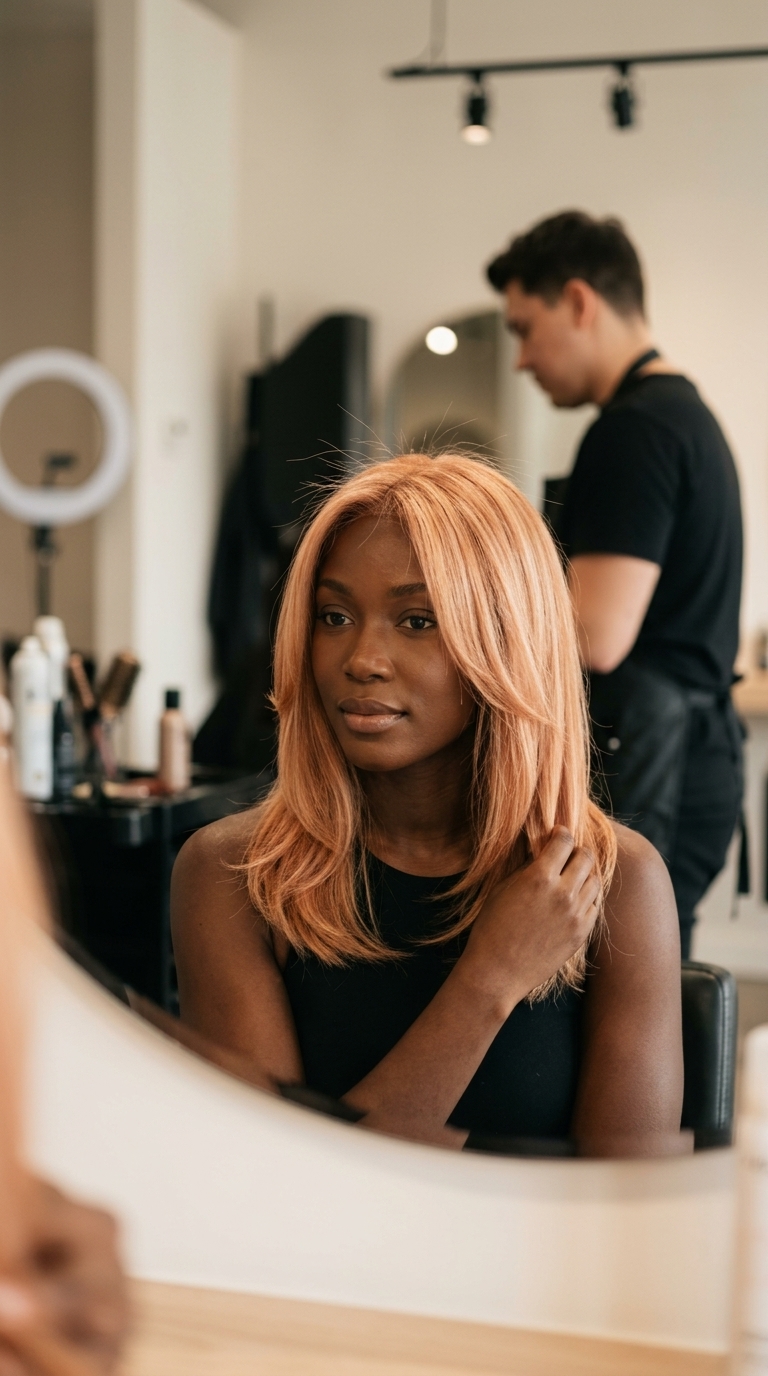 Golden Peach Strawberry Highlights 2026 long sweeping layers strawberry blonde with golden peach highlights, fine weaves, no fringe — effortless beach day