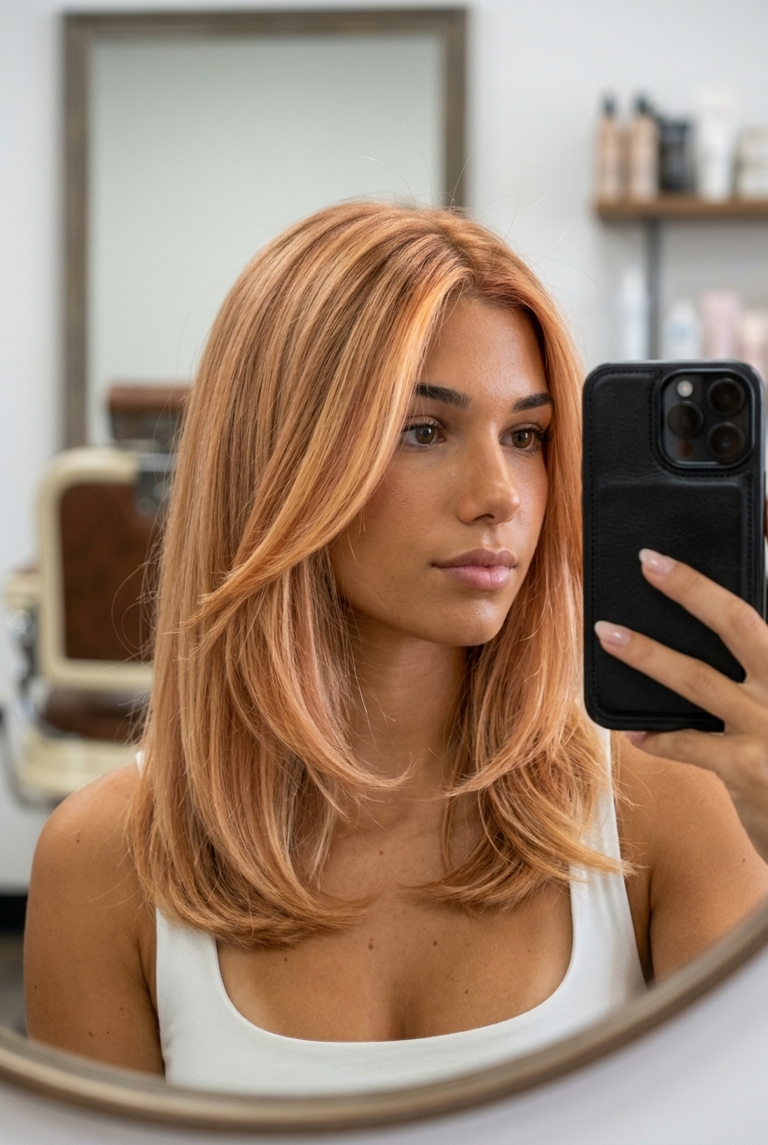 Golden Peach Strawberry Blonde Balayage 2026 long strawberry blonde balayage with golden peach highlights, hand-painted technique for summer