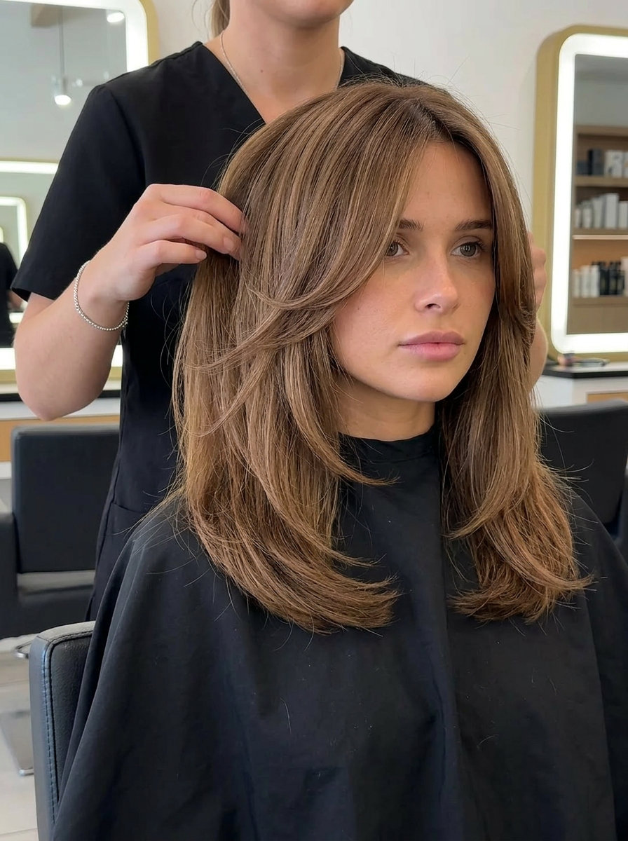 medium haircut with hazelnut brunette and caramel babylights for summer 2026