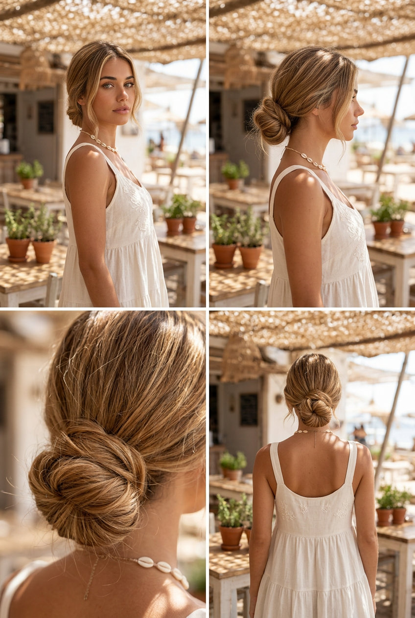 Balayage Honey Blonde Beachy Bun 2026 low slicked back bun with honey blonde balayage, undone texture, for beach day