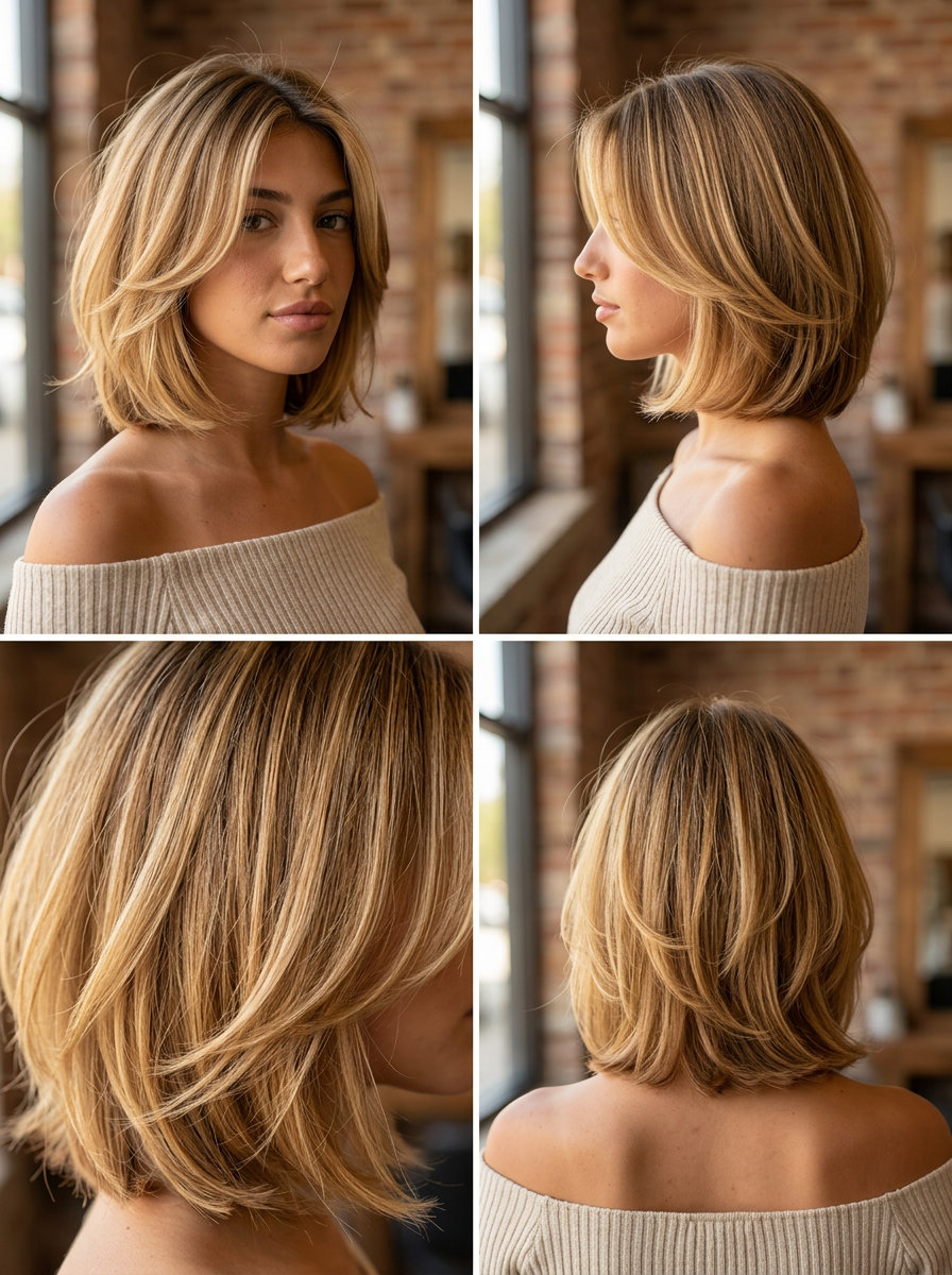 Honey Blonde Tousled Italian Bob 2026 short italian bob haircut with honey blonde & golden babylights, root smudge, tousled layers — carefree summer style
