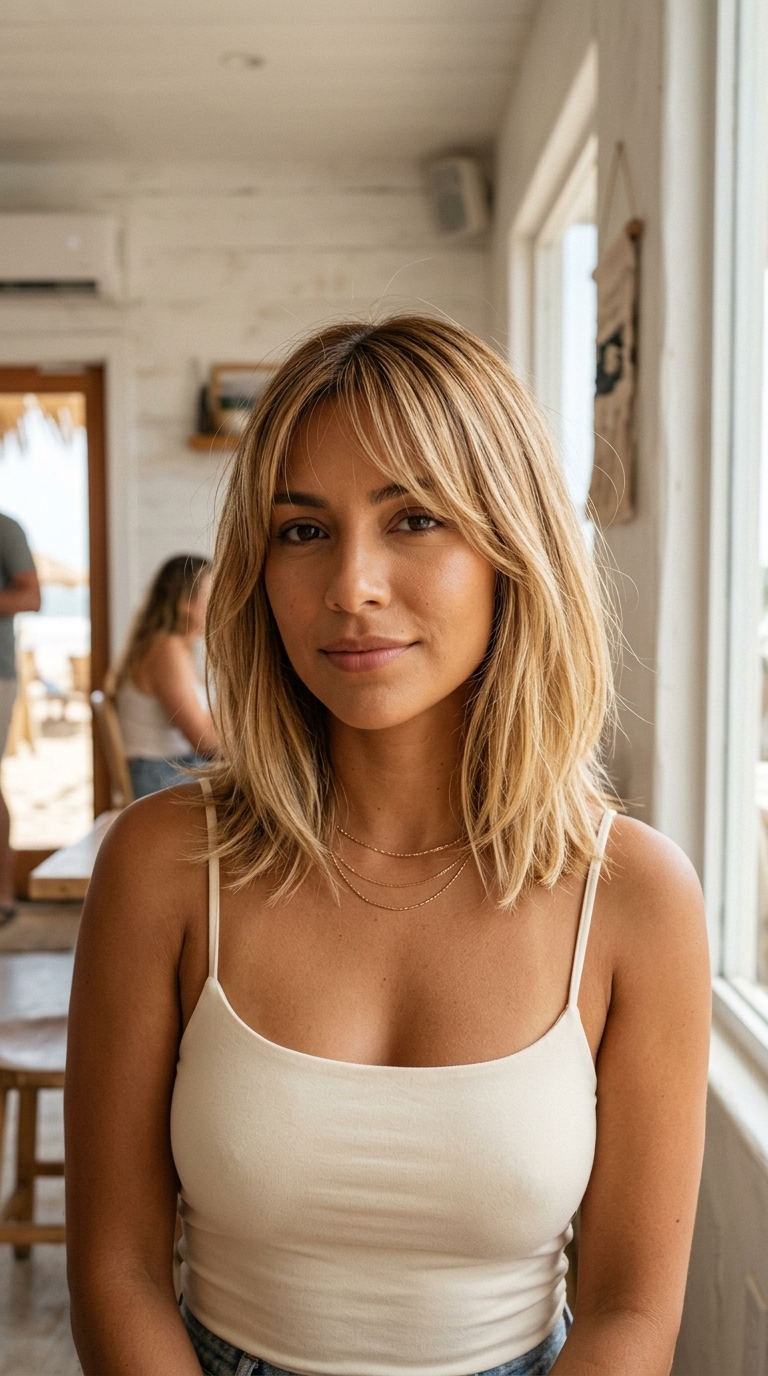 shoulder-length lob haircut with warm honey blonde balayage, sandy babylights, wispy bangs — effortless and breezy