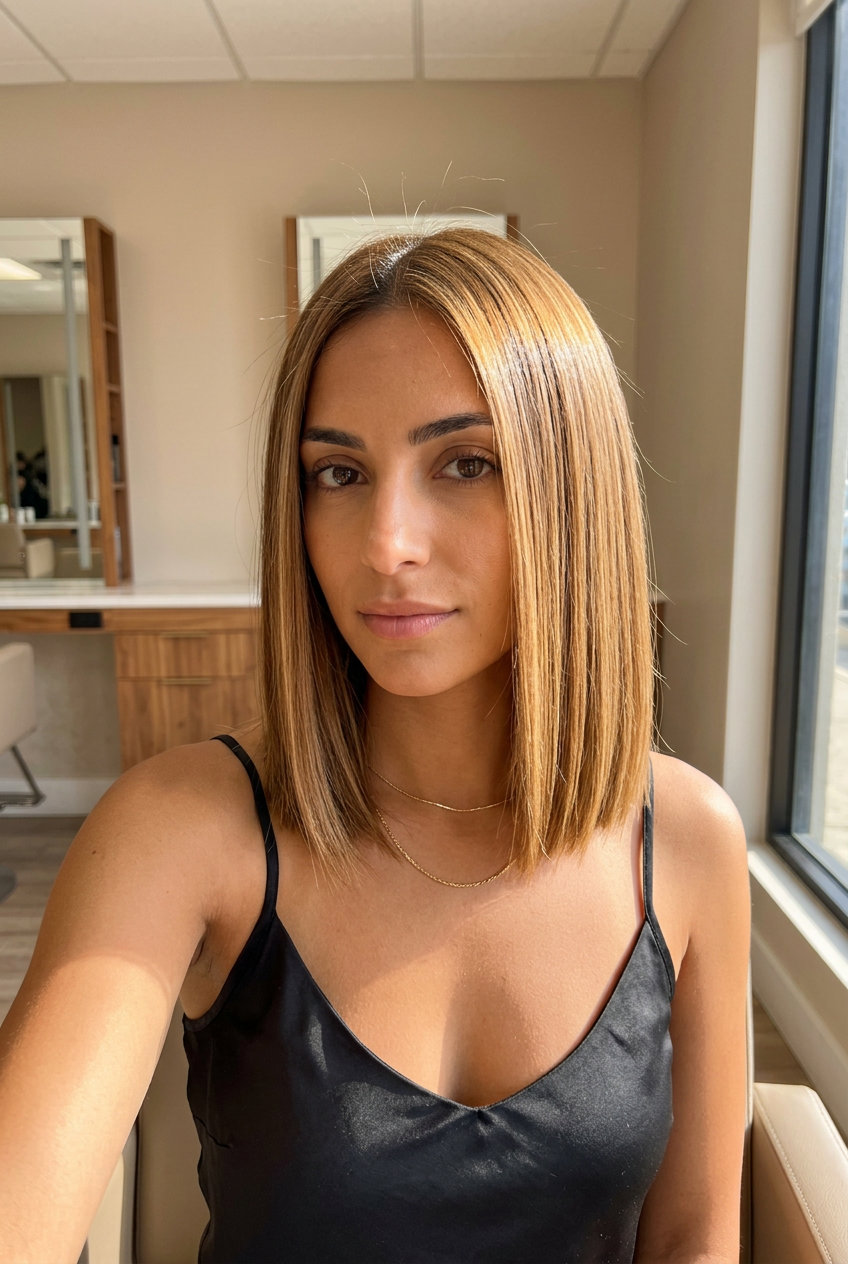 mid-length blunt cut in warm golden honey glaze over medium brown, uniform density — luminous polish