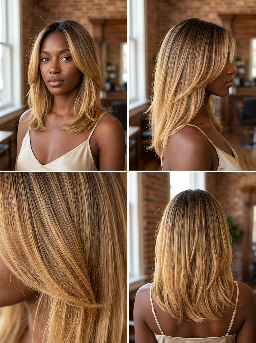 Honey Blonde Balayage 2026: Effortless & Bohemian long honey blonde balayage with soft layers and dark blonde root for summer