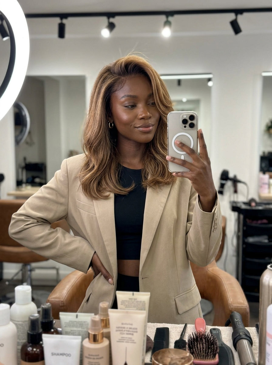 long honey tea balayage on brown hair with amber reflects for summer