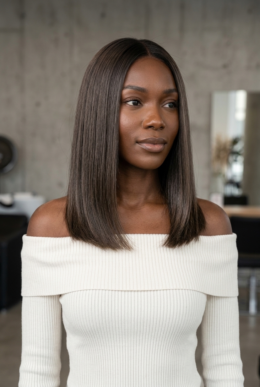 dark ash brown shadow root with cool espresso, blue-based toner, no fringe — professional summer style