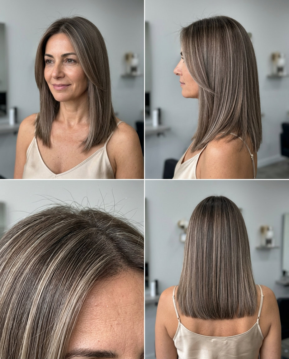 Iced Latte Dimension Summer Haircuts 2026 shoulder-length midi haircut with iced latte dimension, ash root smudge — sophisticated summer style
