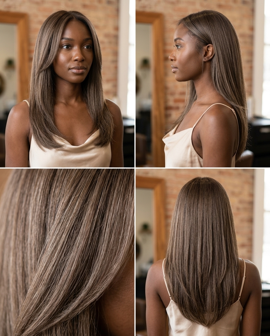 long iced mocha brunette hair with ash-beige undertones, demi-permanent gloss, no fringe — elegant professional look