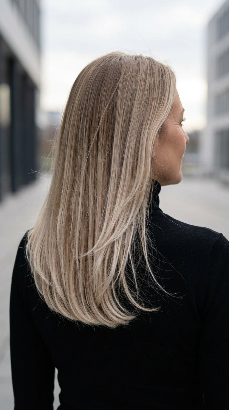 Icy Beige Ombré for Summer Haircuts 2026 long blunt midi haircut with icy beige ombré, hand-painted technique, no fringe — sophisticated summer style