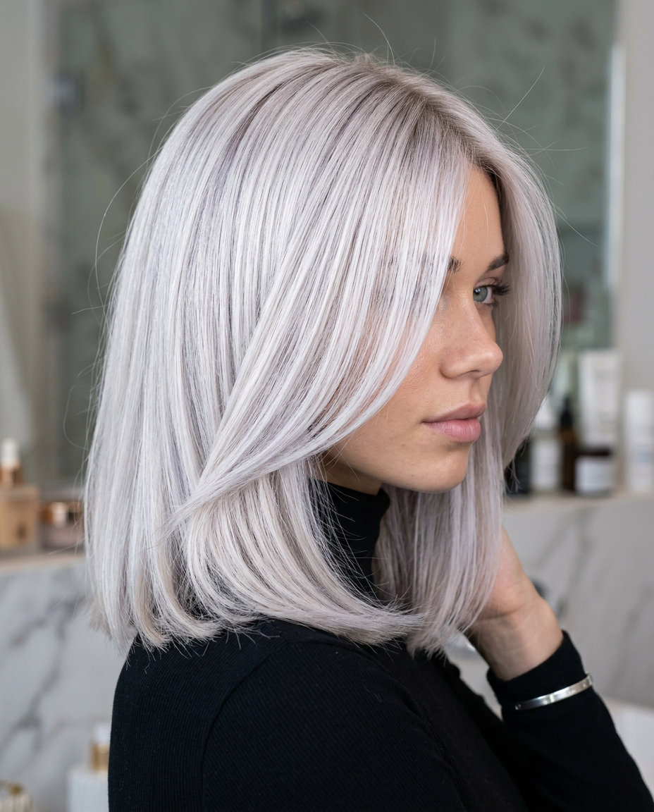 Icy Blonde Foilyage 2026 long icy blonde hair color with foilyage, silver violet tones, bold edgy style