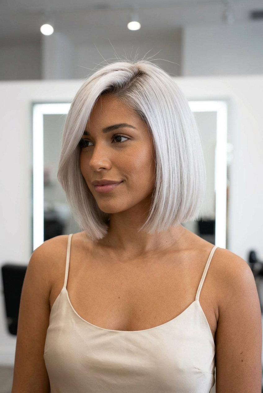 jaw-length icy platinum blonde bob with deep side part and flip for chic daily wear