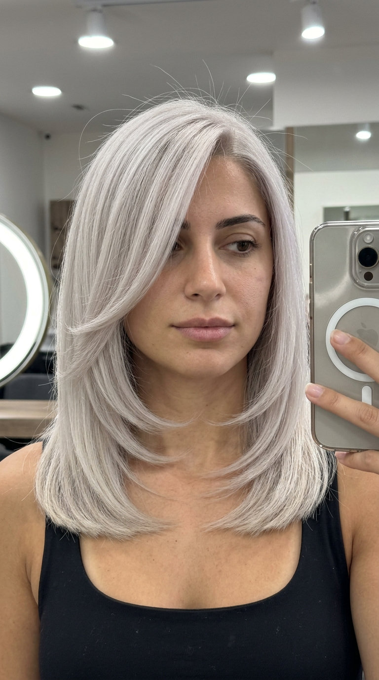 medium curve cut icy platinum blonde with silver-pearl tone, C-shaped layers, no bangs — bold summer gala