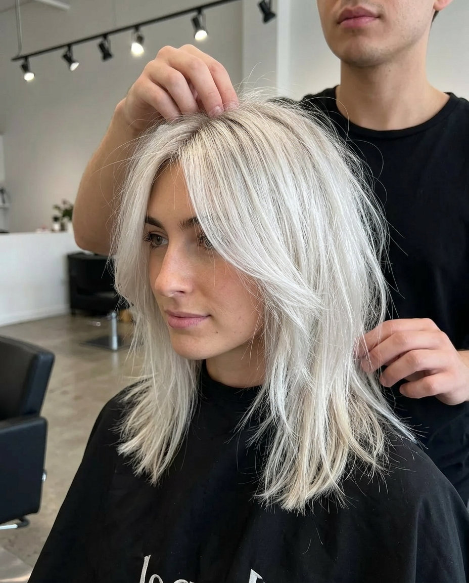 medium shag haircut icy platinum blonde with ash root smudge, disconnected layers, eyebrow-grazing fringe — edgy music festival