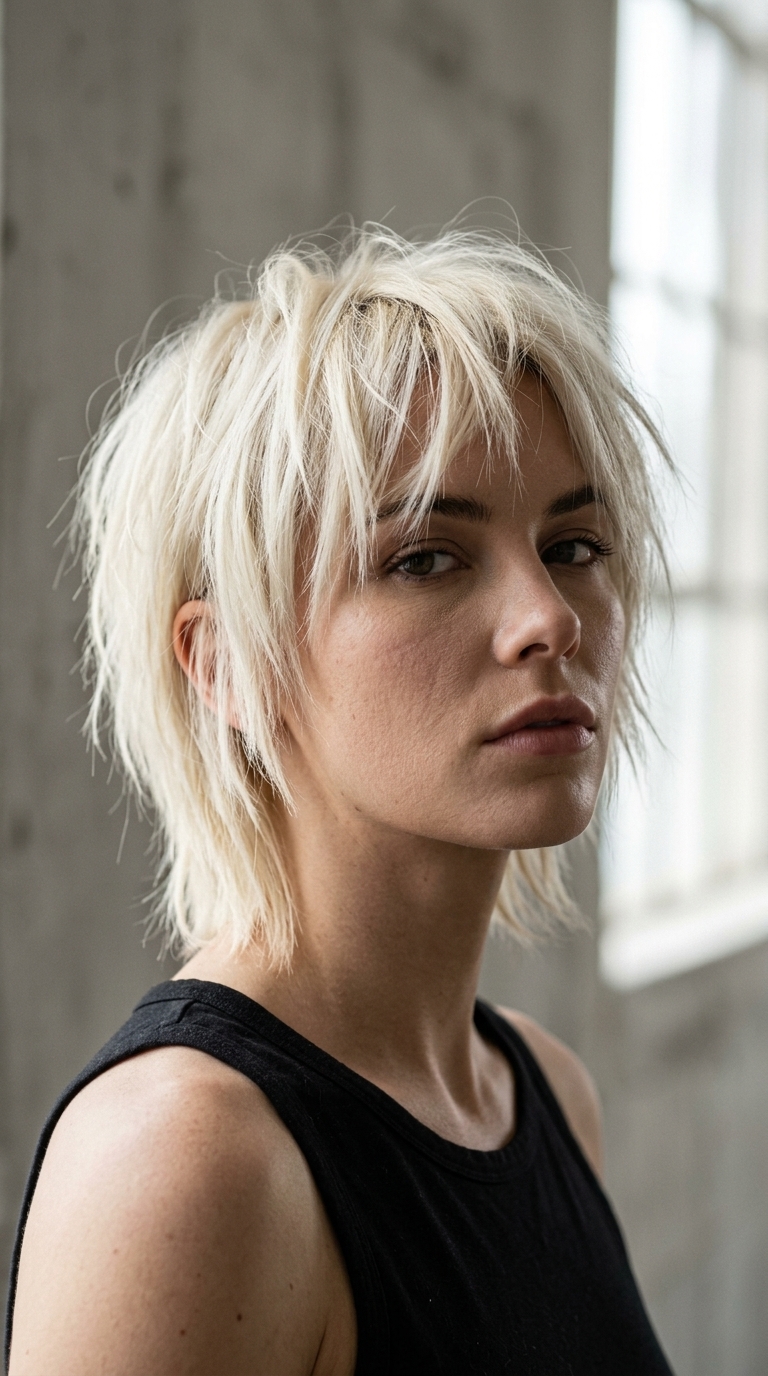 Icy Platinum Textured Bob 2026 short italian bob haircut with icy platinum blonde, heavily razored textured ends for edgy rebellious