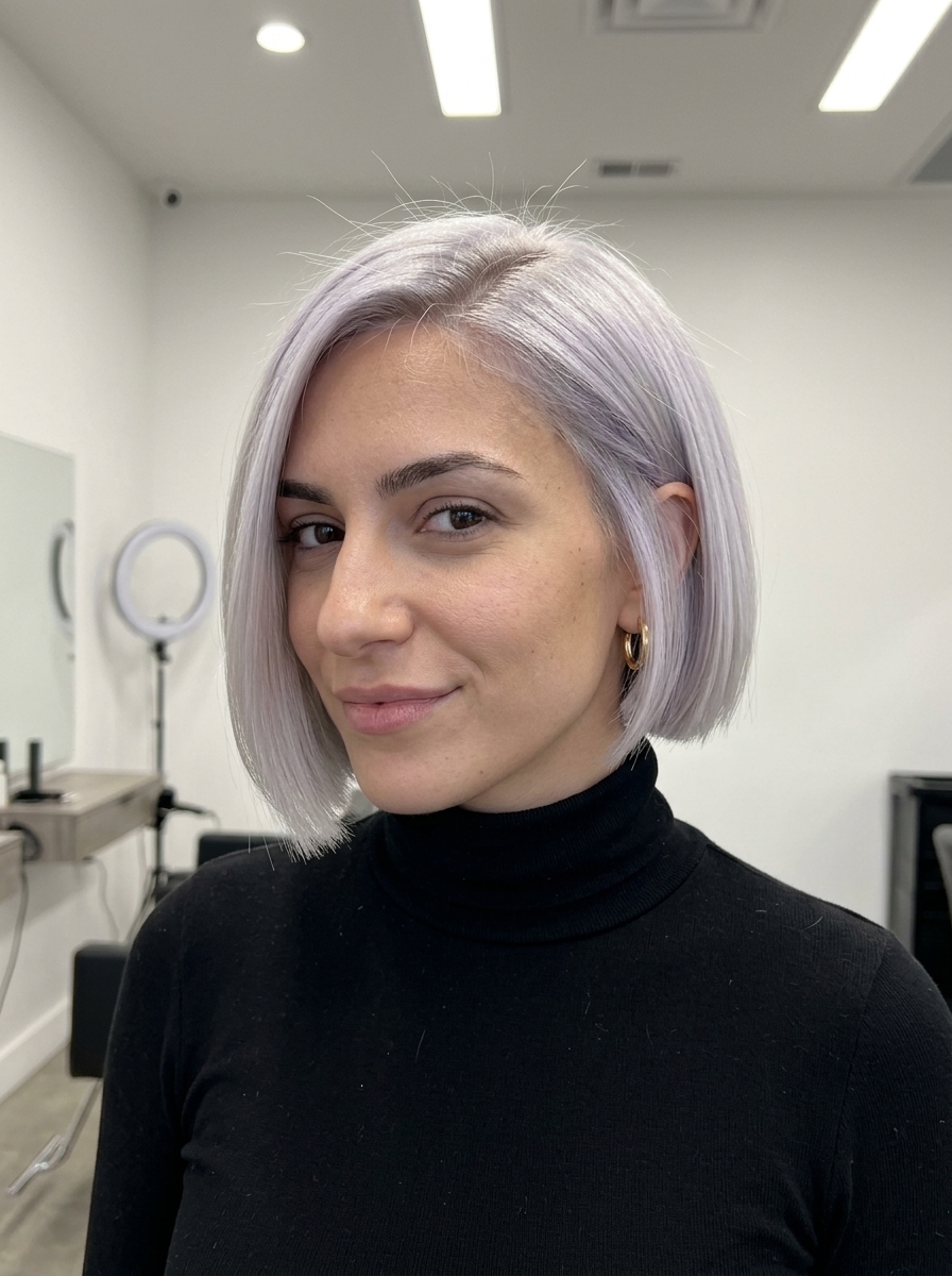 Edgy Icy Platinum Bob 2026 short italian bob haircut with icy platinum blonde, violet toner, blunt perimeter for edgy glamour