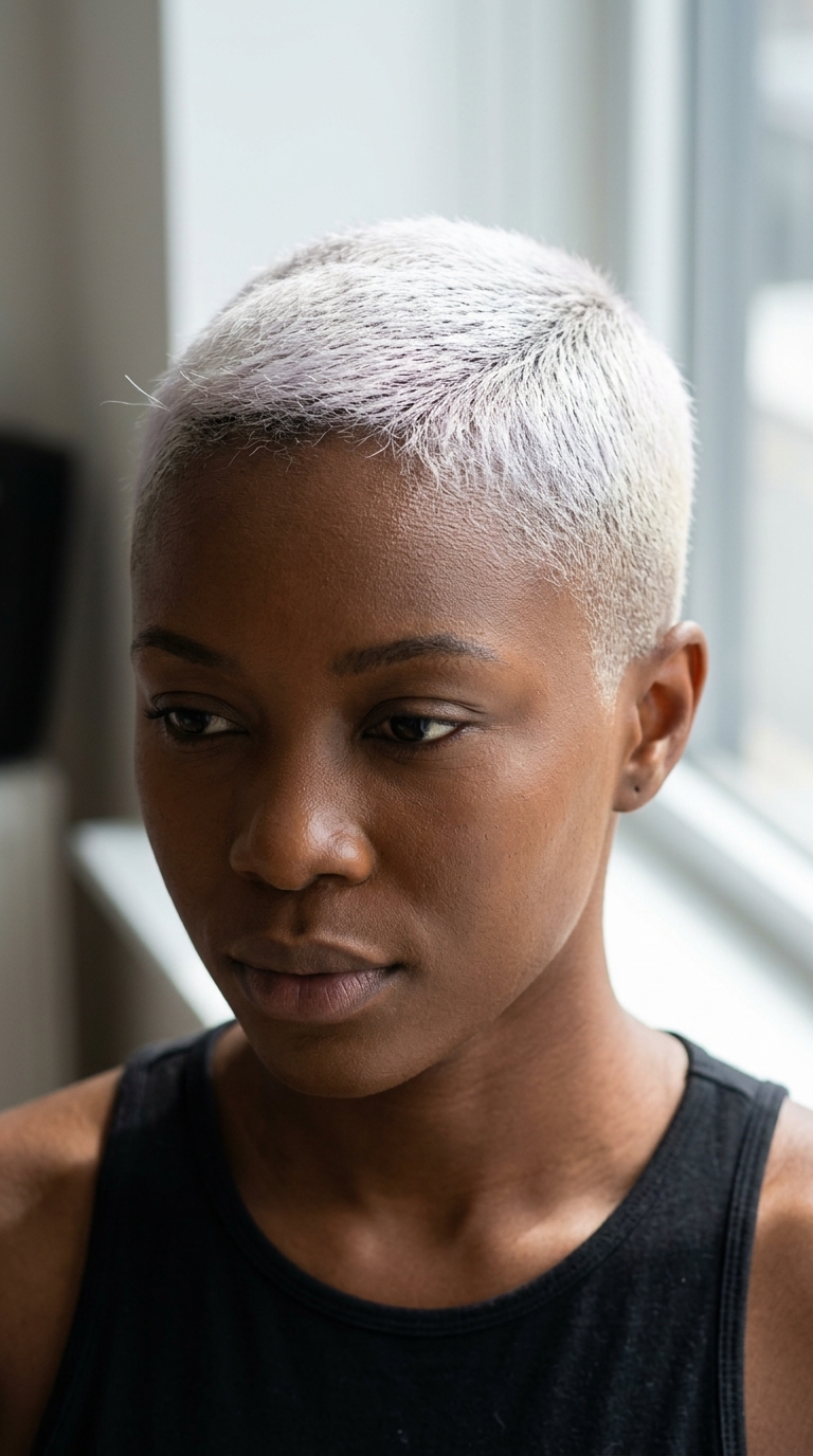 very short platinum buzz haircut with violet toner, clipper faded sides for a bold look