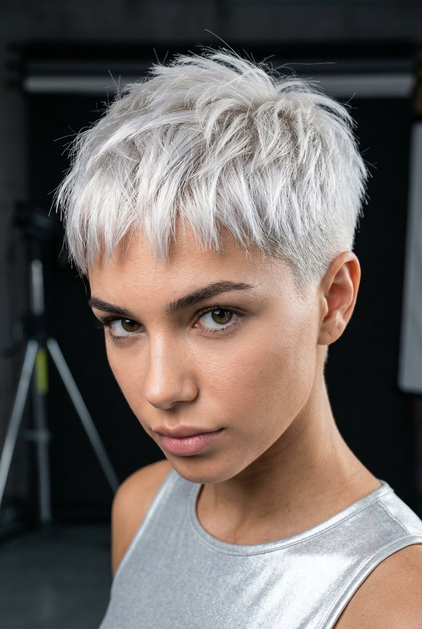 Edgy Platinum Pixie 2026: Bold & Fashion-Forward very short icy platinum pixie haircut with choppy texture and micro fringe for summer